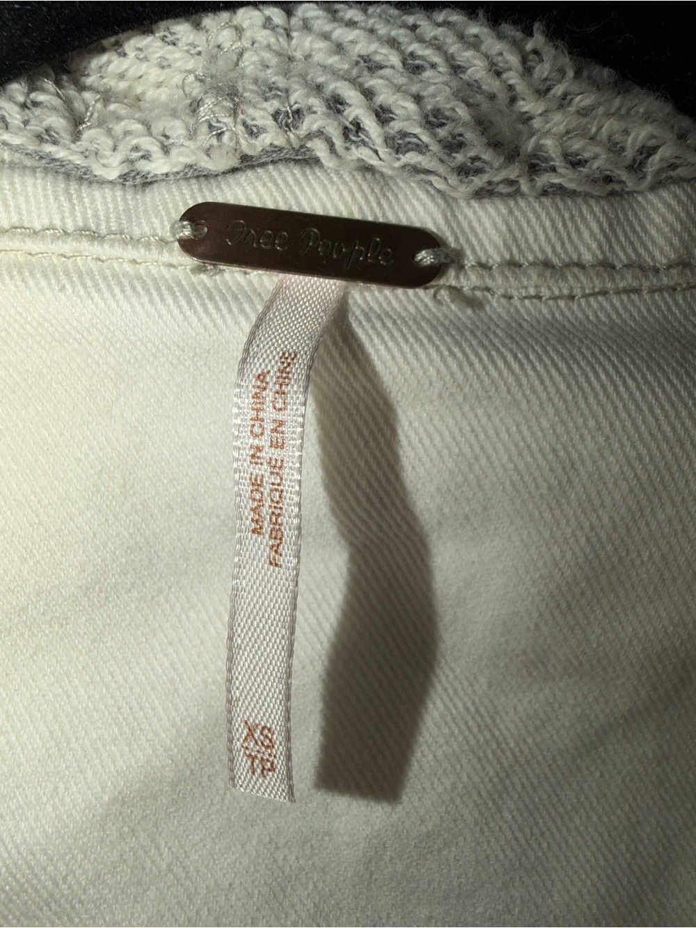 Free People | Knit Hooded White Denim Distressed Jean Jacket Fabric Sleeves - XS - Picture 6 of 14